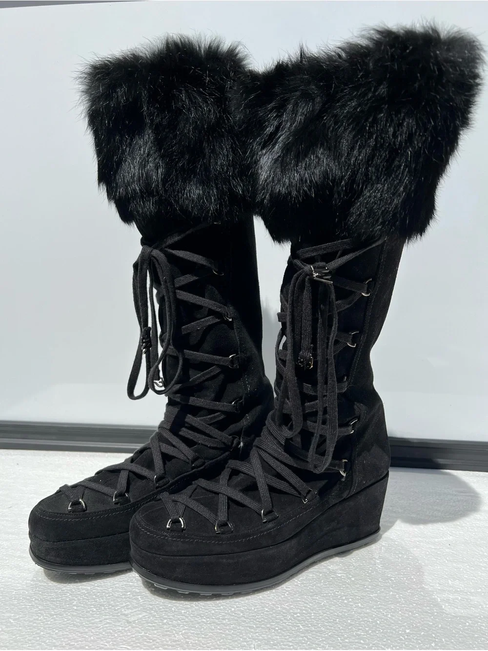 Stuart Weitzman Women's Black Suede Knee High Lace Up Fur Boots Platform 7.5